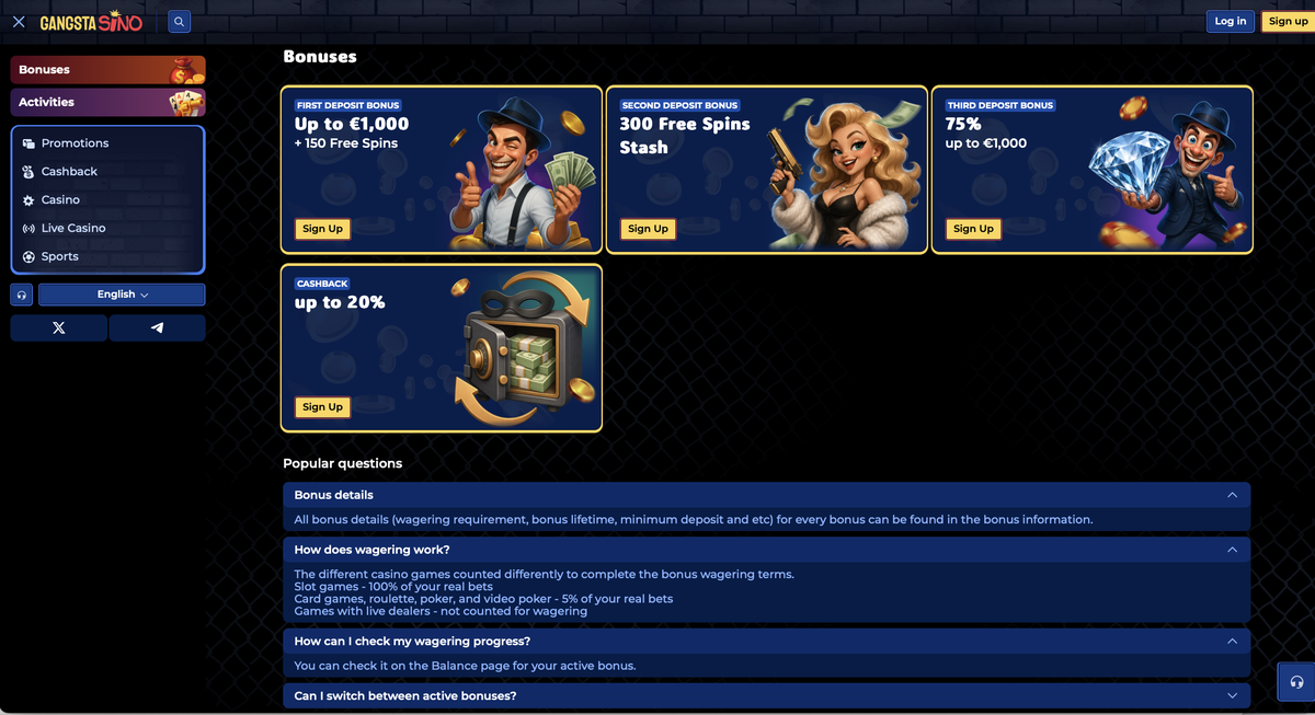 Gangstasino bonus and promotions overview