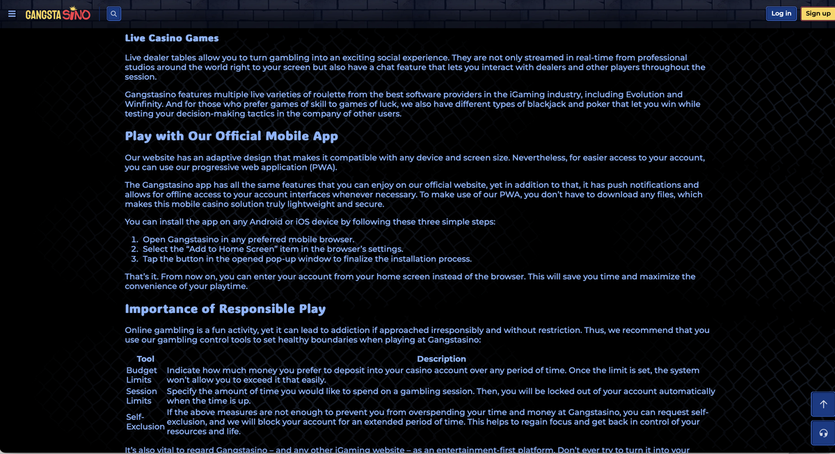 Gangstasino mobile app for Android and iOS